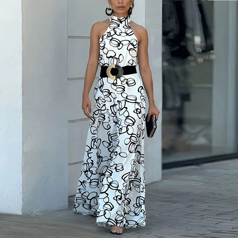 Woman Summer Contrast Color One Piece Jumpsuit 2026 Elegant Abstract Prints Elastic Waistband Rompers No Belt for Urban Women