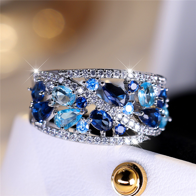 Female Cute Rose Red Blue Zircon Oval Stone Ring Gold Color Engagement Charm Wedding Jewelry For Women