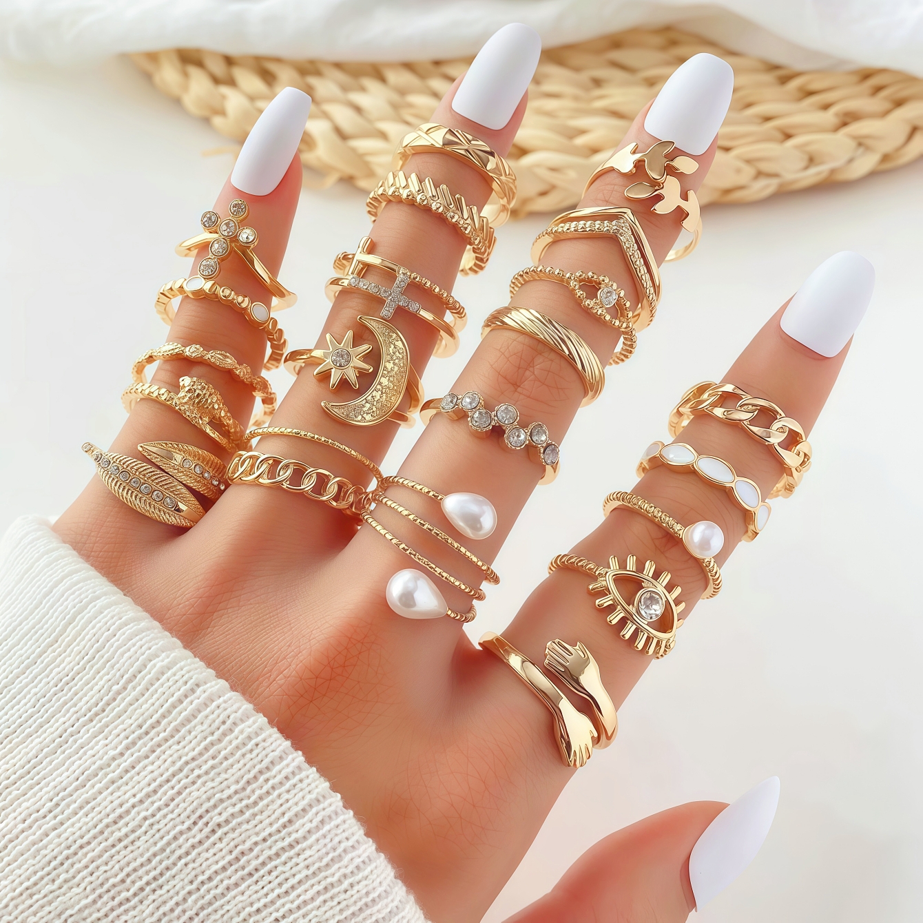 23Pieces Fashion Rhinestone Hollow-Out Rings Set For Women Mix Style Exquisite Trendy Leaf Star Moon Daily Jewelry Party