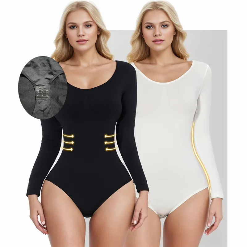 Seamless Long Sleeve Thong Bodysuit Shapewear High Compression Fajas Body Shaper Tummy Control Round Neck Jumpsuit Tops