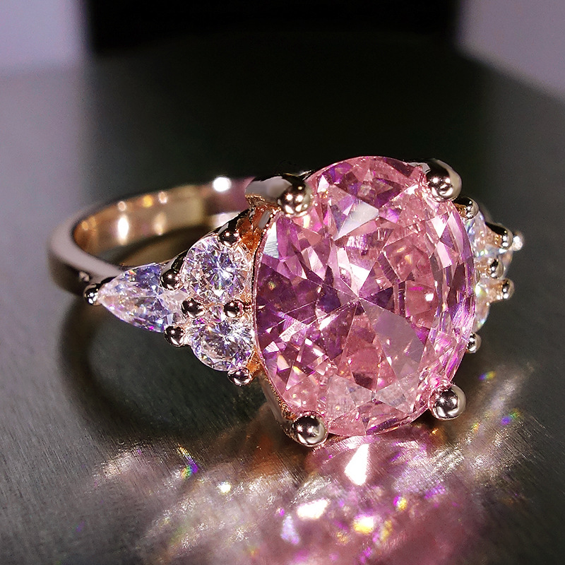 Female Cute Rose Red Blue Zircon Oval Stone Ring Gold Color Engagement Charm Wedding Jewelry For Women