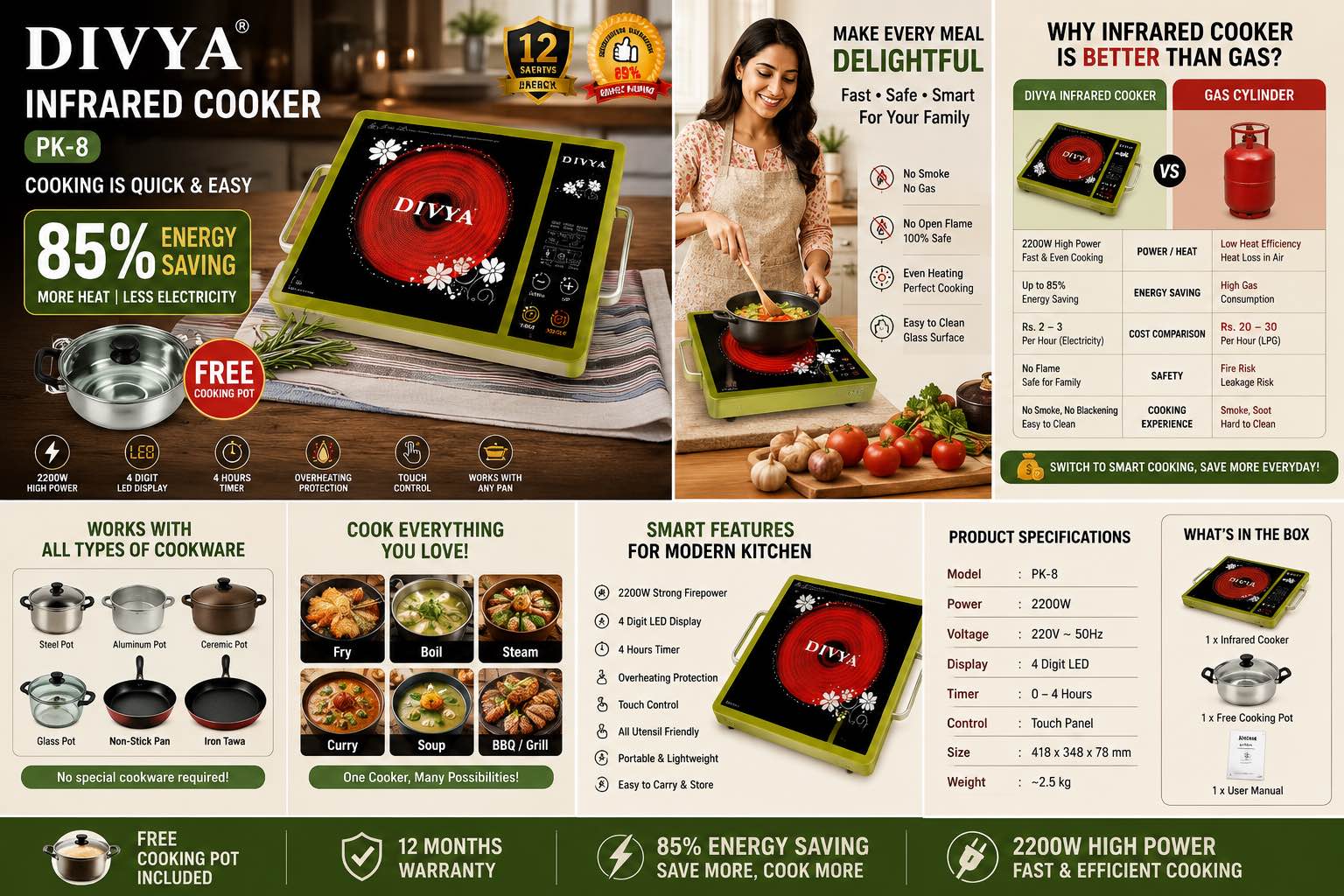 DIVYA PK-8 Infrared Induction Cooker 2200W + FREE Cooking Pot | Works with All Cookware