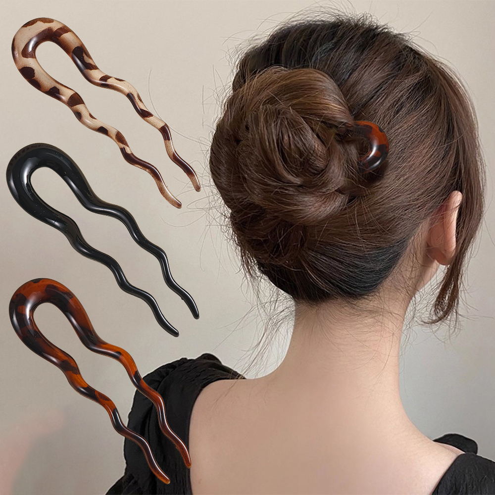 New Leopard Hair Stick Hair Clip Acetate Wavy U-Shaped Hair Forks Bun Hairpin Vintage Tortoise Women Headwear Hair Accessories
