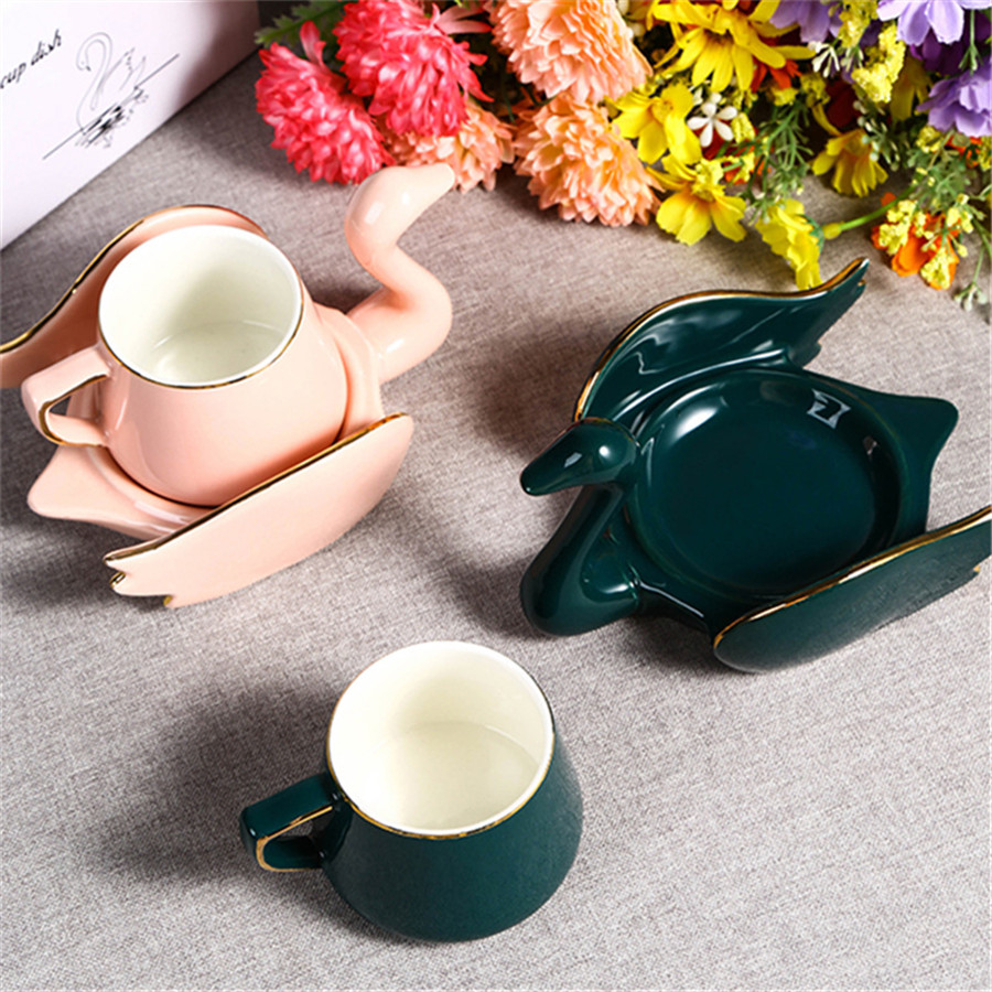 1PC Swan shaped coffee cup and plate set, ceramic small mug, 110ml/3.7oz creative cup