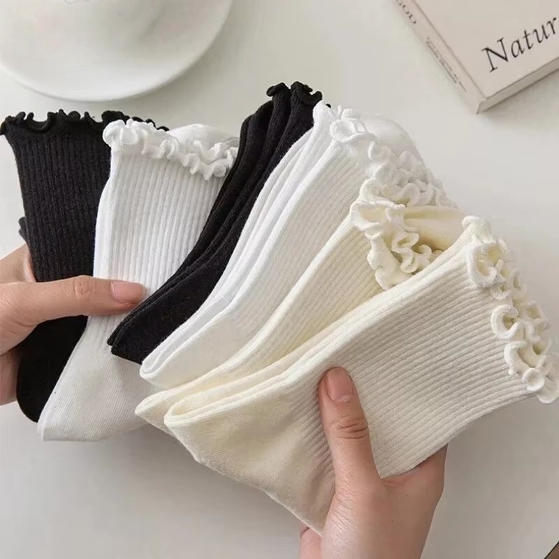 5 Pairs/Lot Women's Ruffle Mid-Calf Ankle Short Breathable Black White Socks Set Spring Autumn