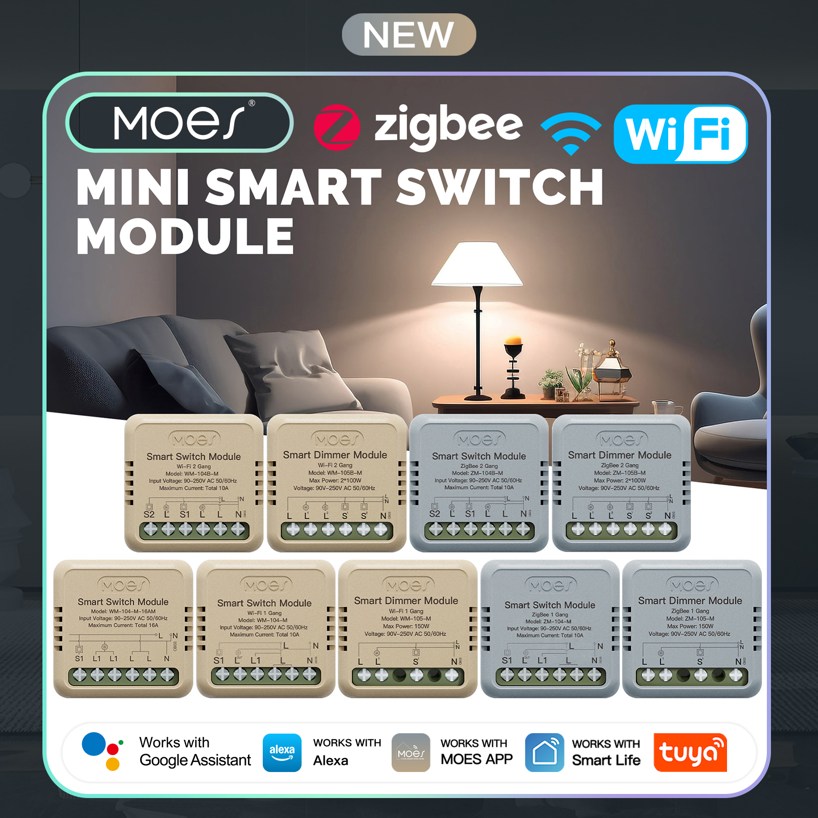 MOES Mini Tuya WiFi/Zigbee Smart Switch/Dimmer Module DIY Module Light Switch 1/2 Gang Remote Control Work Alexa Home