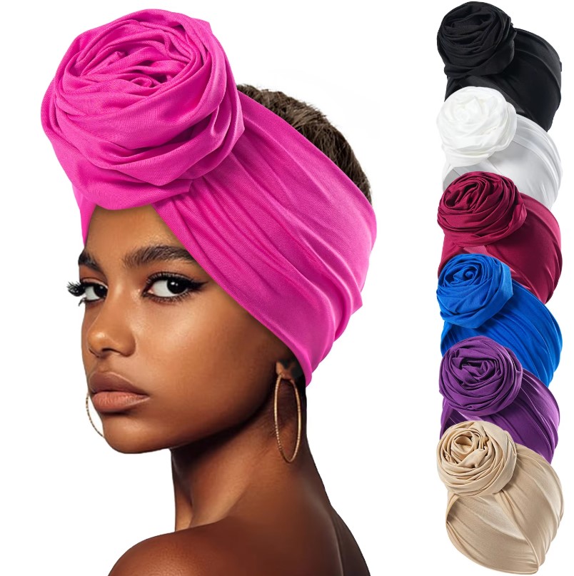 Raw Silk Big Rose Flower Hairband Breathable Lightweight African Women Turban Wrap Elastic Boho Flower Bandana Party Headgear