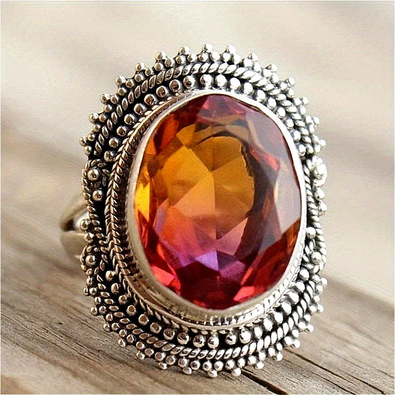 Retro Sparking Inlaid Gradient Color Synthetic Zirconia Ring for Women Fashion Elegant Banquet Festival Jewelry Accessories