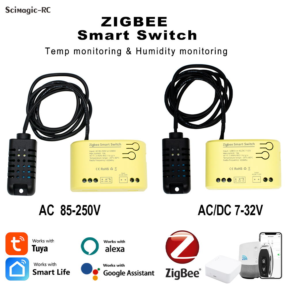 Zigbee Smart Temperature Humidity Sensor Switch Module Kits 1CH Relay 7-32V 85-250V Controller Work Tuya APP Alexa Home