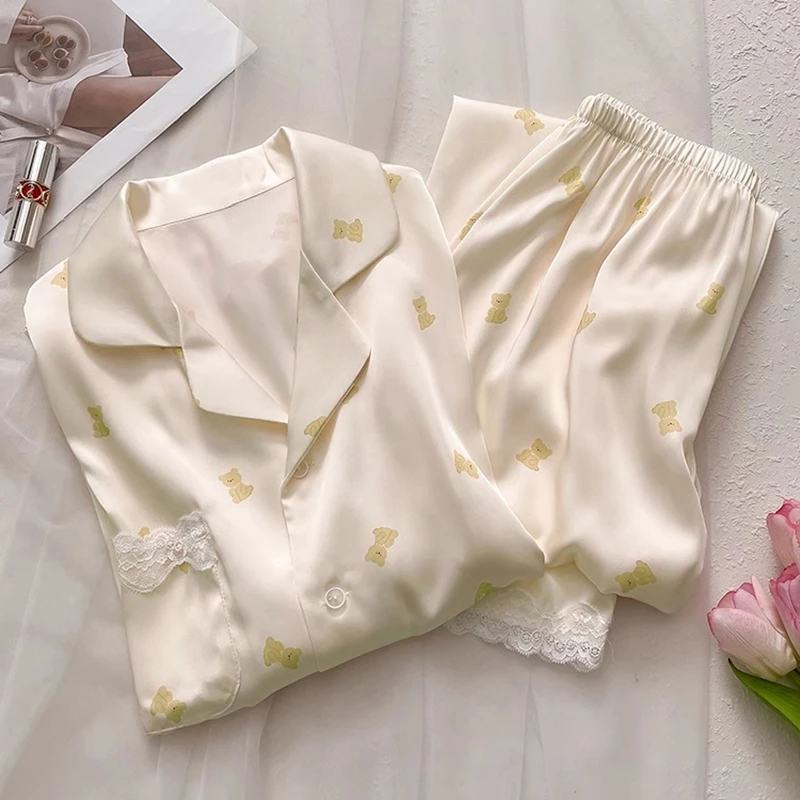 Japan & Korean Sweet Cartoon Bear Women Pajamas Kawaii Lace Classy Casual Nightgown 2024 New Autumn Cute Fashion Home Sleepwear