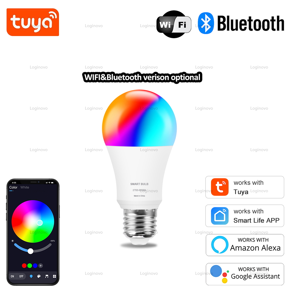 Tuya Wifi E27 Led Lamp RGB CW WW 15W Bluetooth Led Light Bulb Works with Alexa Home for Smart Life Decoration