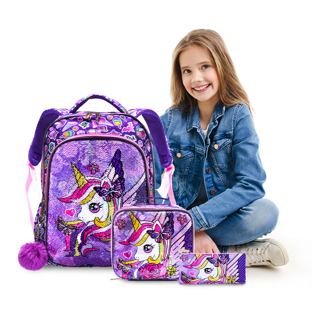 3PCS Set Backpack For Girls Kids School BookBag With Lunch And Pen Bag Purple Unicorn Cute Sequin Glow-in-the-dark Function
