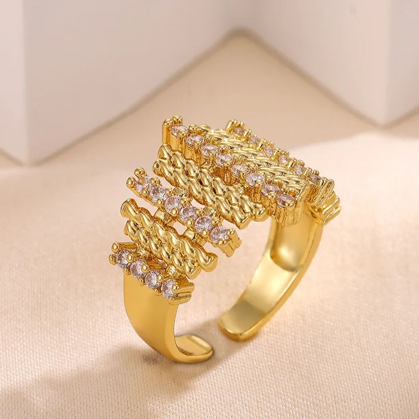 Zircon Geometric Woven Rings for Women Gold Color Stainless Steel Crystals Woven Opening Ring Valentine Trendy Jewelry
