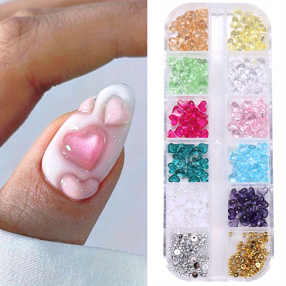 12 Grids Heart Shape Nail Art Charms Transparent Love Heart Resin Jewelry Pearl Half Bead Valentine's Decor Manicure Rhinestone