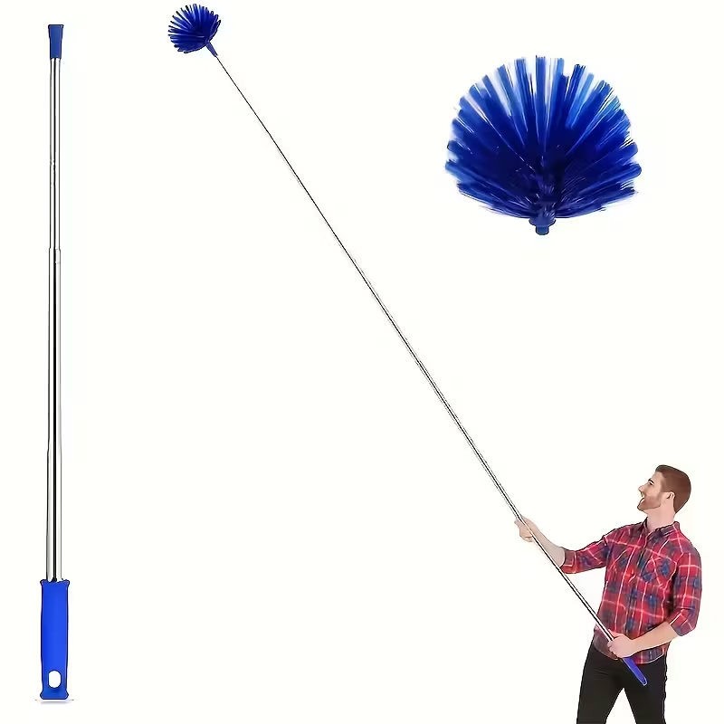 1pc Extendable Spider Web Duster with Medium Stiff Bristles, Retractable Stainless Steel Pole for Indoor & Outdoor Cleaning, No