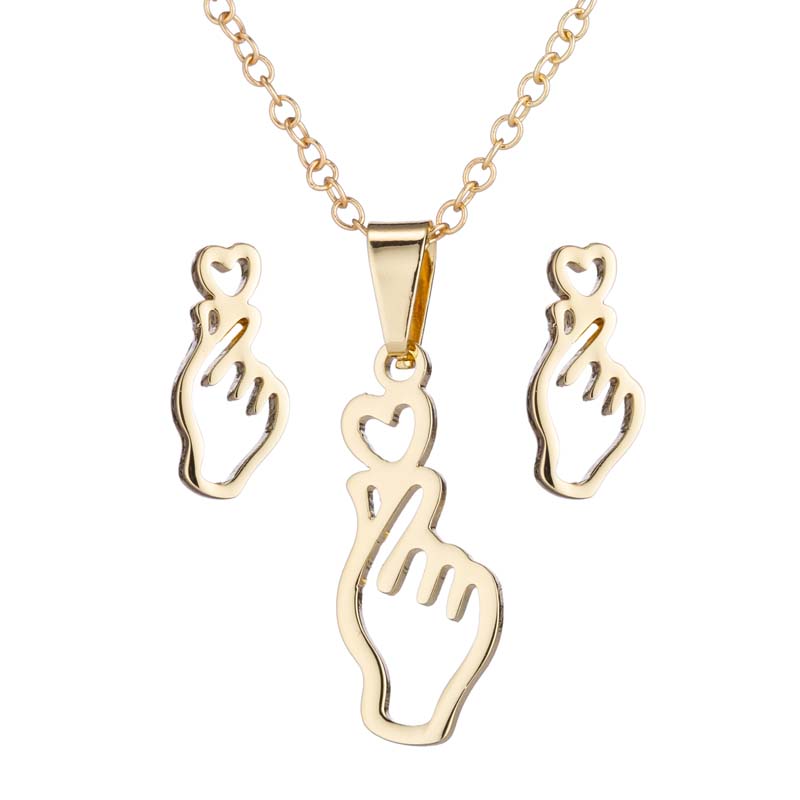 Korean Stainless Steel Jewelry Sets Fashion Finger Heart Gesture Pendants Necklaces for Women Men Stud Earrings Collier Femme
