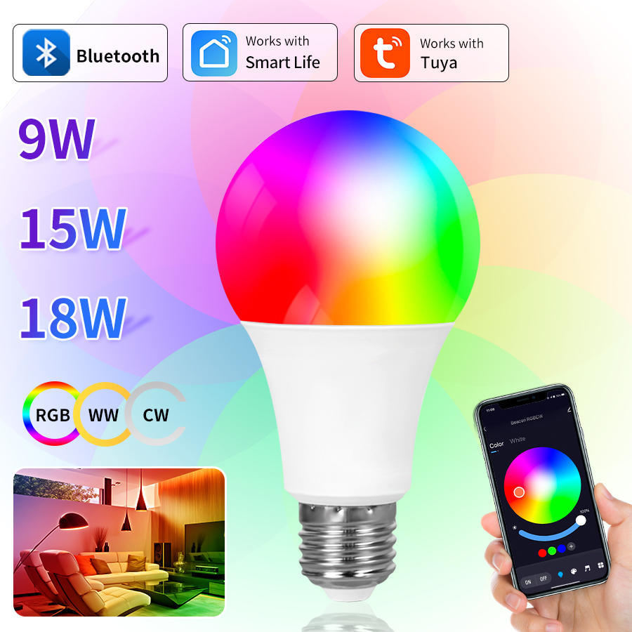 Tuya Smart LED Bulb Bluetooth Light Bulbs Phone APP Control E27 220V 110V RGBCW LED Lamp For Bedroom Decor Ambient Light