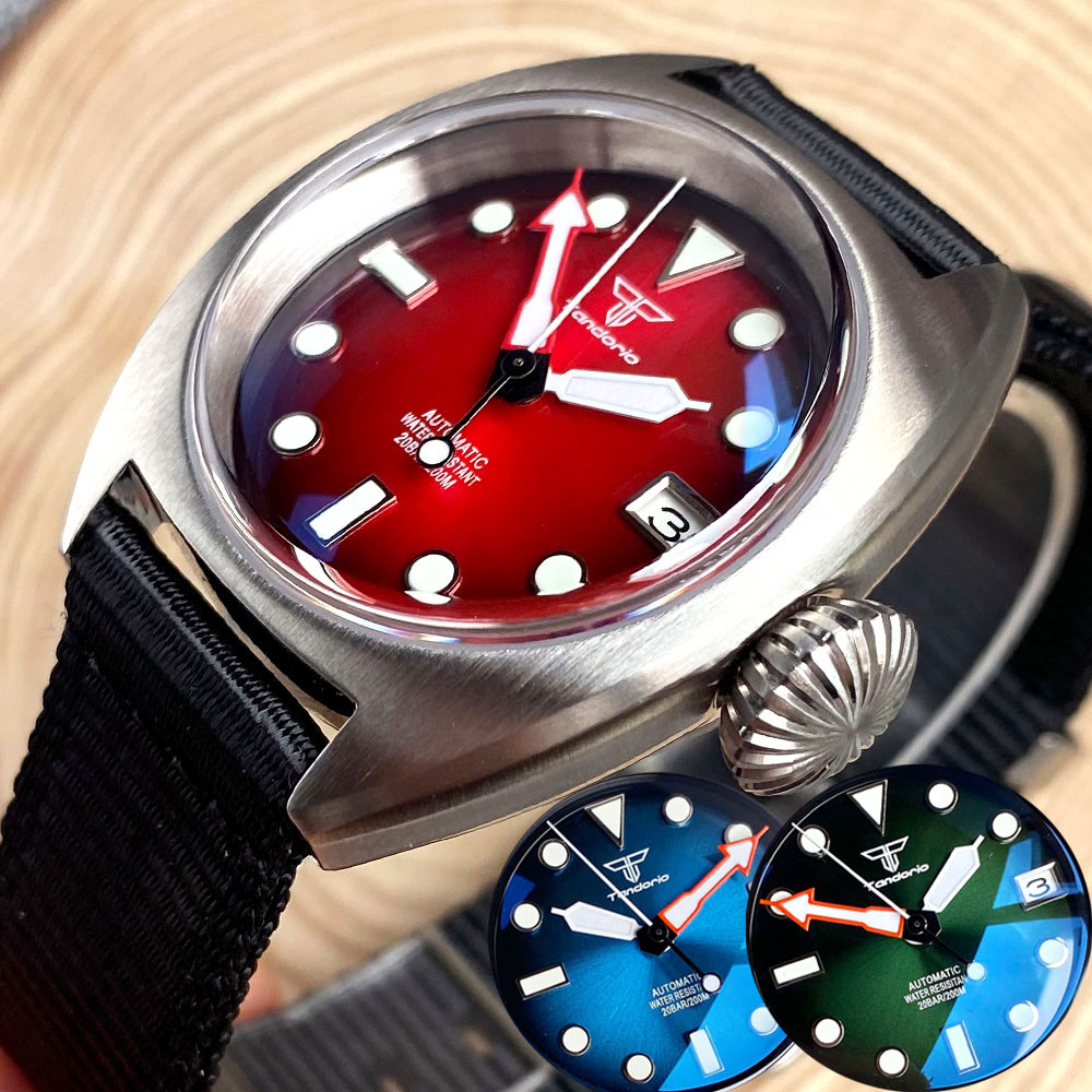 Tandorio 36mm Mechanical Automaic Watch Mens NH35 8215 PT5000 AR Domed Sapphire Sunburst Green/Red/Blue Big Crown Sport