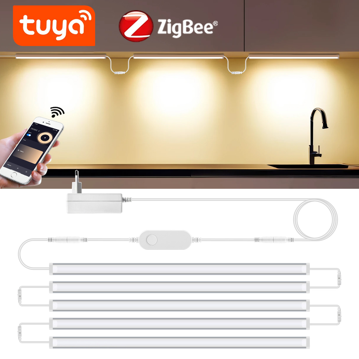 Tuya Zigbee LED Cabinet Light Bar Kit WiFi Aluminium Tube Strip Dimmable Kitchen Shelf Closet Decor Alexa Voice Control