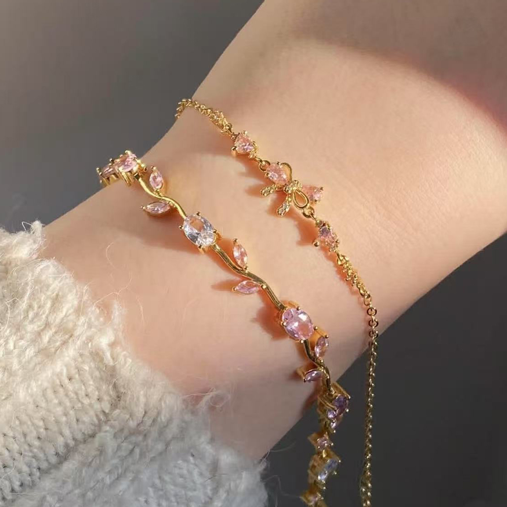 Pink Cubic Zirconia Wrist Chain with Vine Flowers, Sweet and Romantic Metal Bracelet For Women Jewelry Wedding Party Gifts