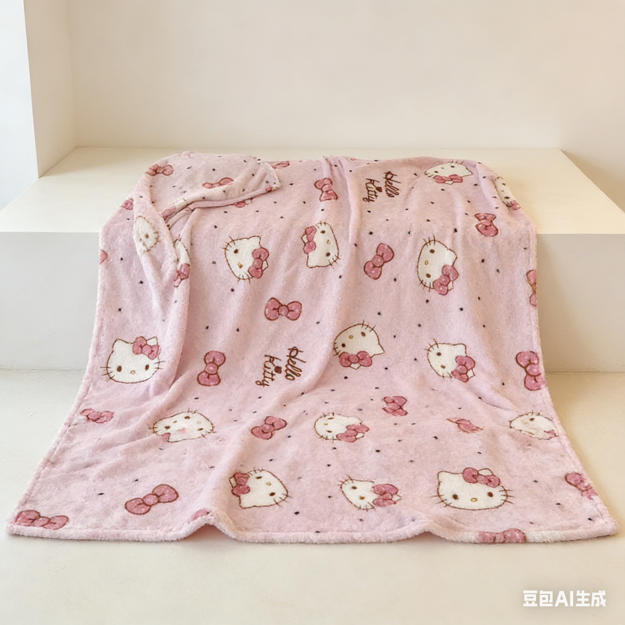 Kitty Pink Polka Dot Flannel Blanket, Cute Cat & Bow Print Soft Throw, Kawaii Sanrio Decor for Bedroom & Kids Room