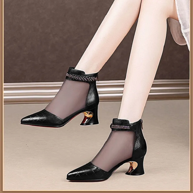 Botas Femininas Women Fashion Mesh Breathable Black Patent Leather Ankle Boots Lady Classic Beige Back Zip Autumn Shoes A235