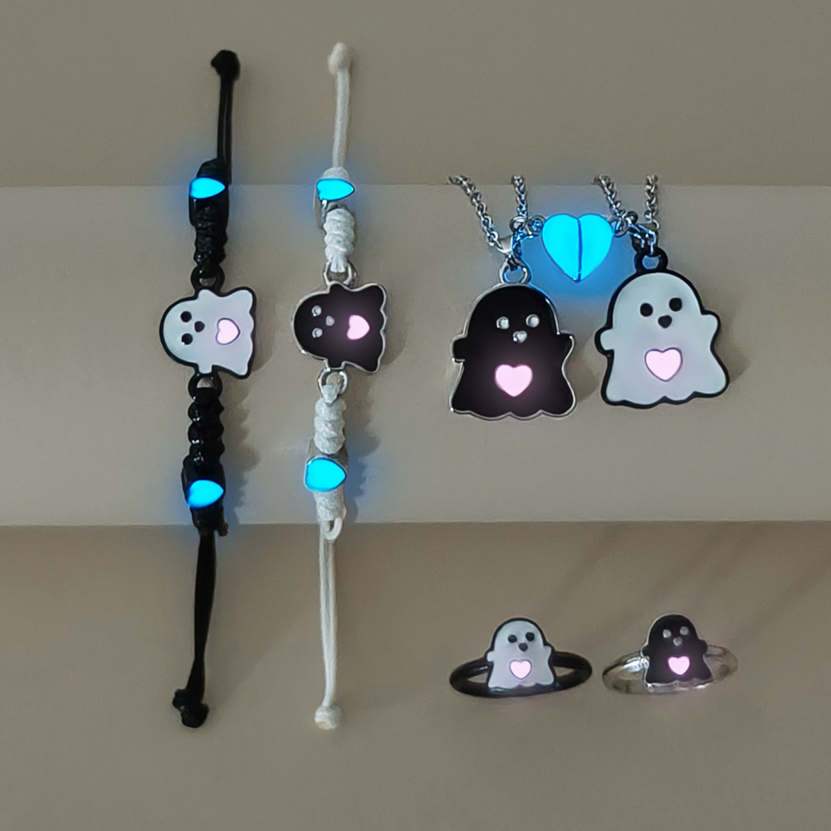 6-Piece Set Luminous Heart & Cute Cartoon Elf Pendants Couple Necklace Ring Bracelet Women's Fashion Jewelry Set