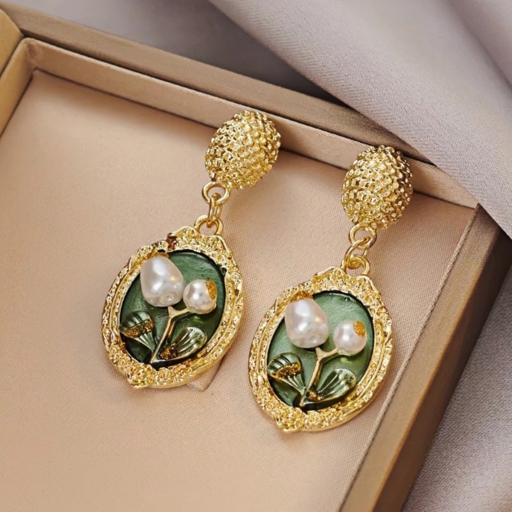 French Vintage Oil Painting Flowers Drop Earrings Gold Color Alloy Irregular Pearl Women Earrings Fashion Party Jewelry