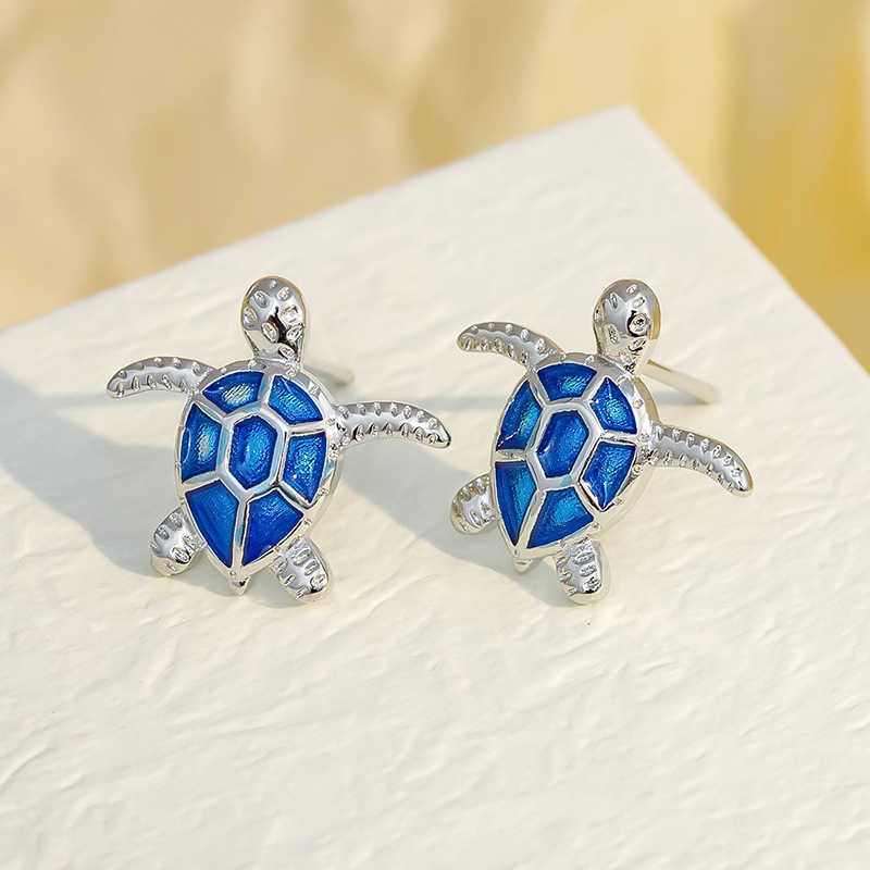 Cute Animal Turtle Stud Earrings For Women Silver Color Blue Red Enamel Resin Ear Studs Female Party Beach Jewelry