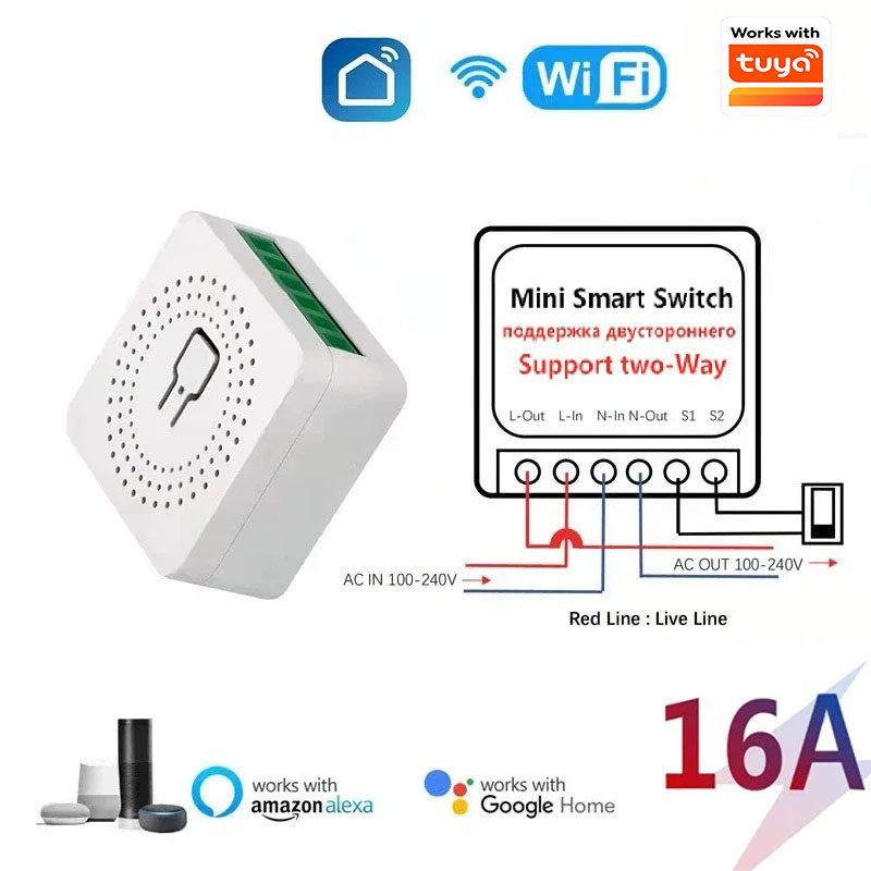 16A Mini Smart Switch Wifi DIY Light Switches Module 2 Way Control,Universal Module Works with Tuya App Alexa Home