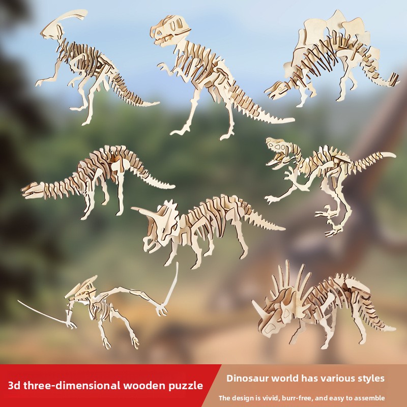 WOoden 3D Dinosaur Puzzle Set,Eco-Friendly Basswood + Laser Cutting,Glue-Free DIY Assembly,Triceratops/T-Rex/Stegosaurus Designs