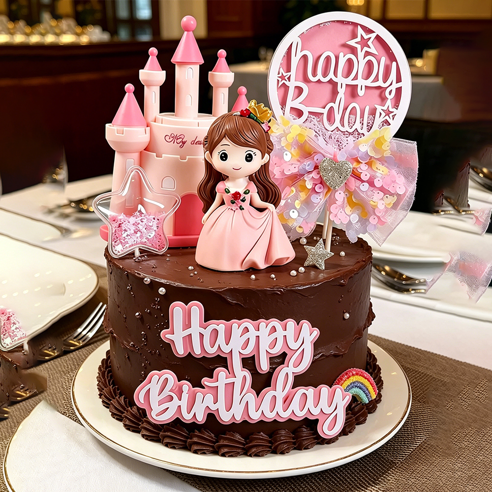 Lovely Princess Prince Castle Fairy Tale Cake Topper For Girls Kids Happy Birthday Party Cake Decor Supplies And Props Set