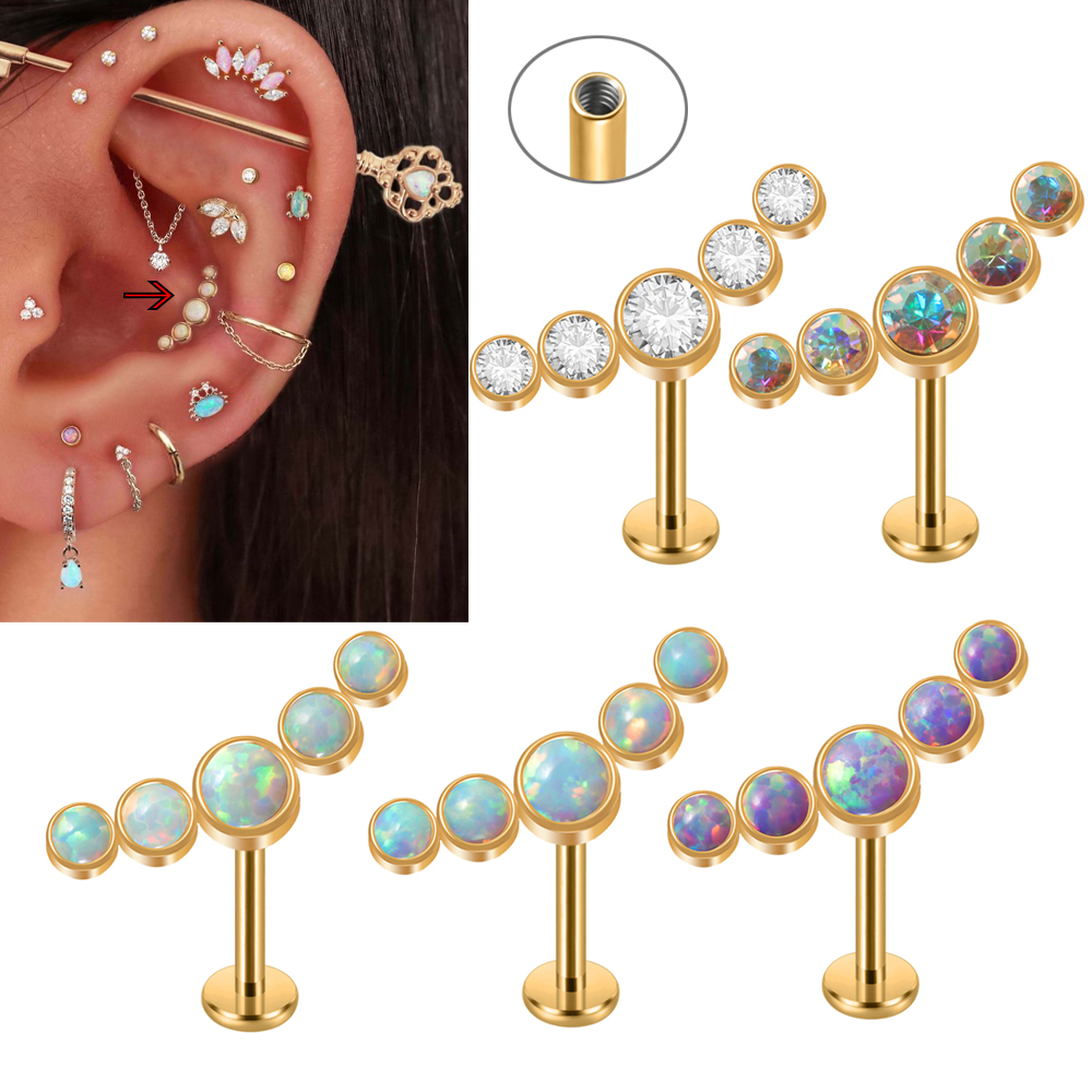 1-5PCs Golden Arc Five Opal&Crystal Flate Back Labret 16G Stainless Steel Internal Thread Lip Ear Tragus Cartilage Helix Earring
