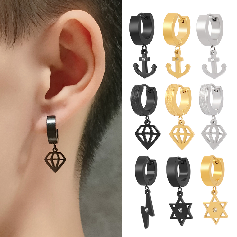 1PCS 316L Stainless Steel Hoop Earrings For Men Women Hexagonal Star Lightning Earring Geometry Pendant Earring Men's Jewelry pen gpt