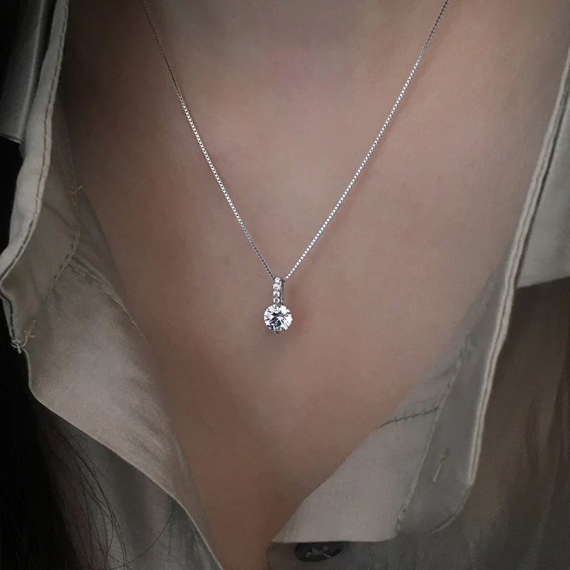 Huitan Minimalist Round Cubic Zirconia Pendant Necklace Women Silver Color/Gold Plated Box Chain Long Necklace Wedding Jewelry