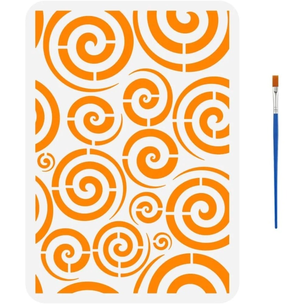 Spirals Painting Stencil with 1Pc Plastic Paint Brush 8.3x11.7inch Reusable Swirl Pattern Drawing Template Line Art Endless