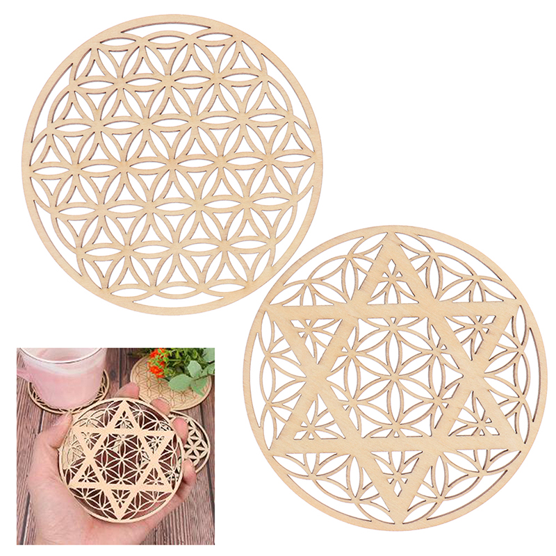 1PC 10cm Chakra Flower Natural Wood Round Edge Circles Carved Coaster Cup Mug Table Pad