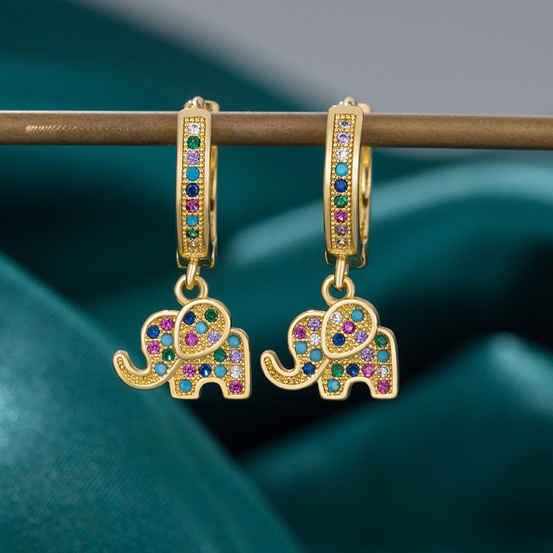Cute Female Small Elephant Hoop Earrings Rainbow Crystal Multicolor Zircon Pendant Earrings For Women Vintage Gold Color Jewelry pen gpt