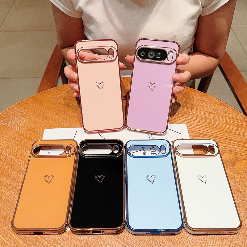 Elegant Girlish Love Heart Pattern Plating Glossy Silicone Case For Google Pixel 10 9 Pro XL 8A Full-pack Anti-Drop Buffer Cover