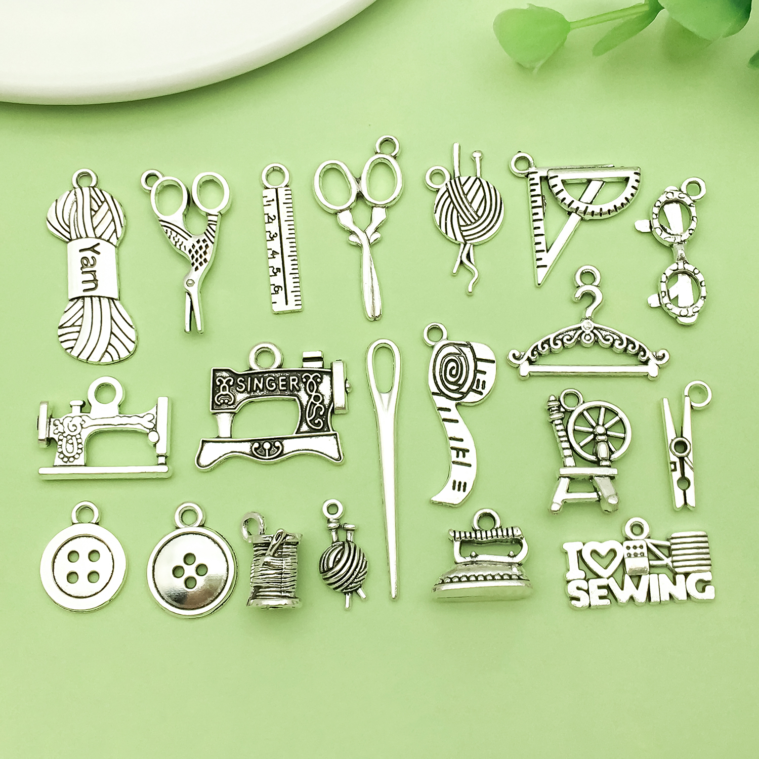 10/20pcs Vintage Sewing Tools Charms Alloy Bobbin, Scissors, Button, Needle, Ruler Pendants for DIY Jewelry Making Accessory