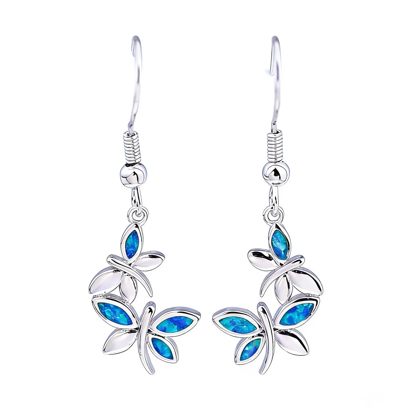 Dragonfly Opal Earrings,Blue Opal & White K Plated Animal Earrings for Women,Minimalist Nature Jewelry,Hypoallergenic