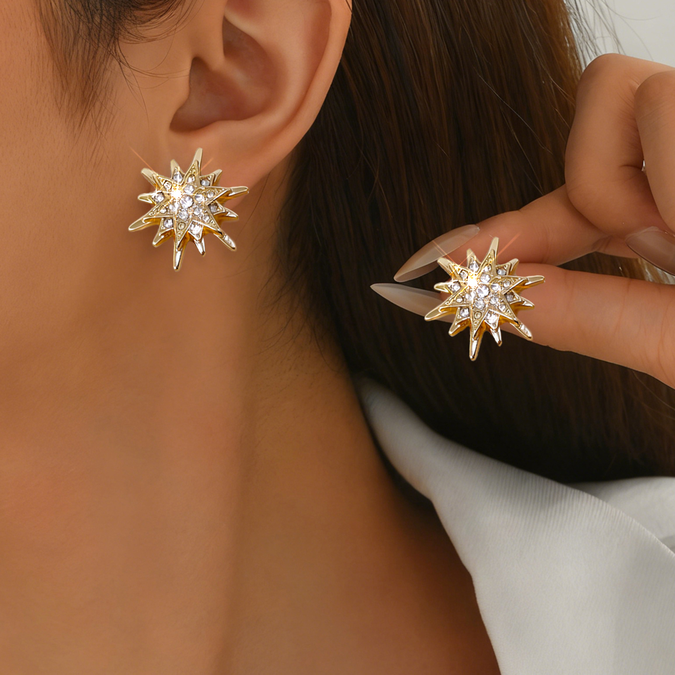 1 Pair of Fashionable Gold Sunflower Rhinestone Earrings, Elegant Geometric Sparkling Six-Pointed Star Earrings
