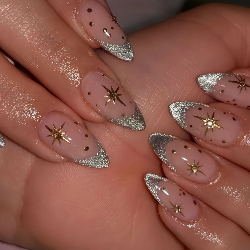 24pcs/set Medium long fake nails for summer season gradient dream blue golden Pink flash star wave lines press on false nail art