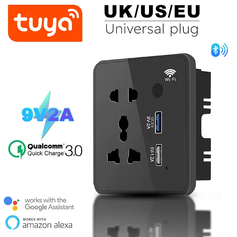 WIFI Tuya Universal Socket + Dual USB 18W Fast Charger QC 3.0 DC 5V/9V/12V Output With Touch Main Switch