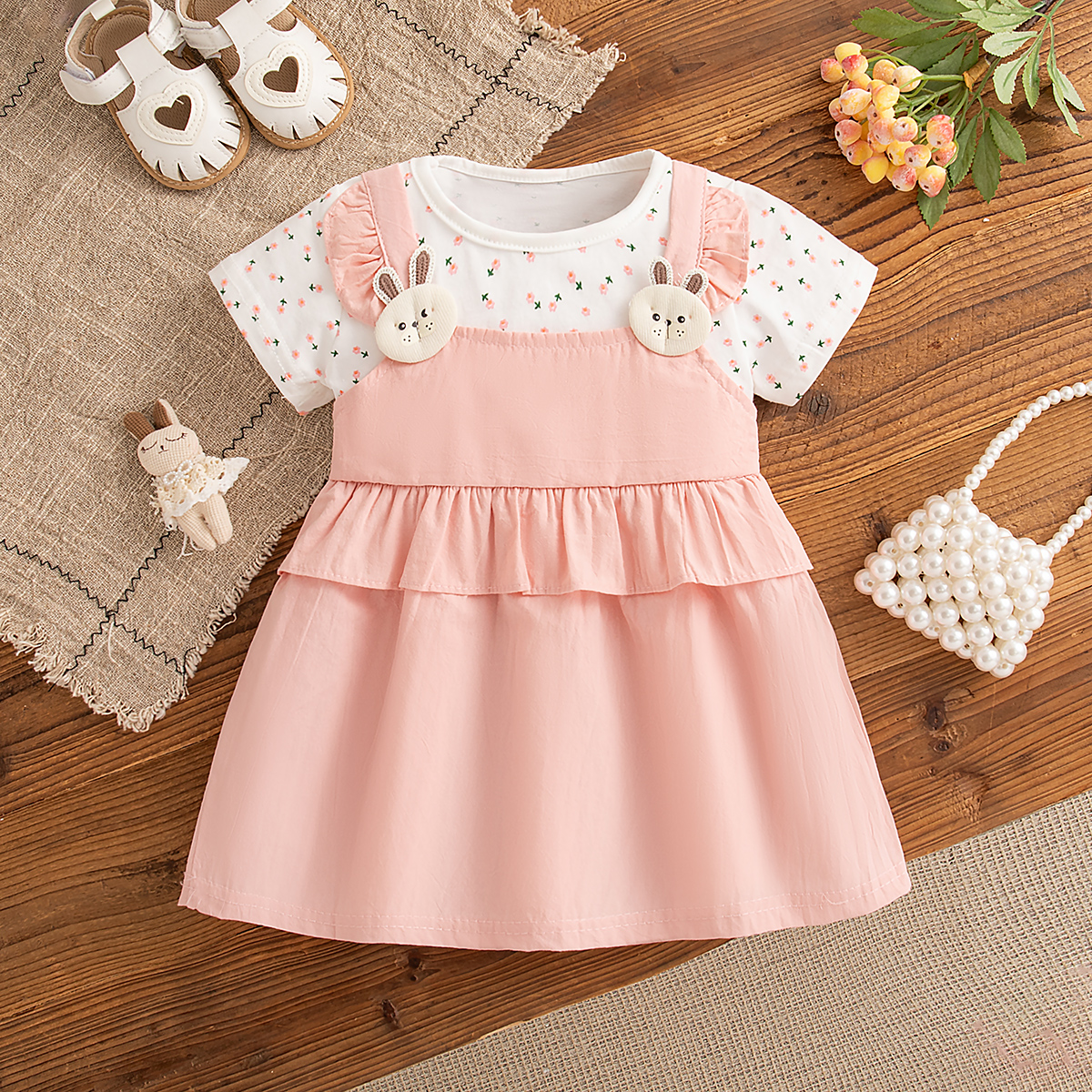 Baby Girl Dress Summer Floral and Bunny Pattern Fake Two Piece Girl Kid's Dress Cute Casual Baby Girls' Princess Dresses