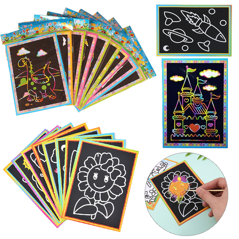 10/20pcs Scratch Painting Toys Children DIY Handmade Art Cartoon Pattern Brilliant Colors Drawing Toys Kids Birthday TMZ