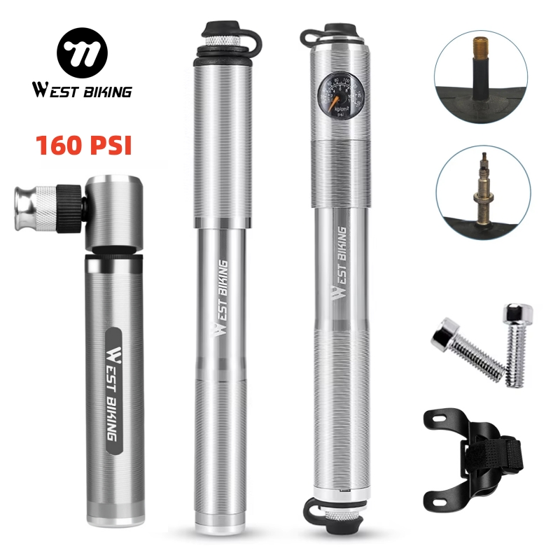 WEST BIKING 160PSI Bike Pump With Gauge Portable Aluminum Alloy Bicycle Pump For Schrader&Presta Valve MTB Road Bike Accessories
