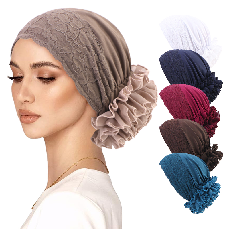 New large flowers Lace Head Scarf Turban Hat For Women Elegant Soft Lightweight Ruffle Design Multicolor Chemo Headwear