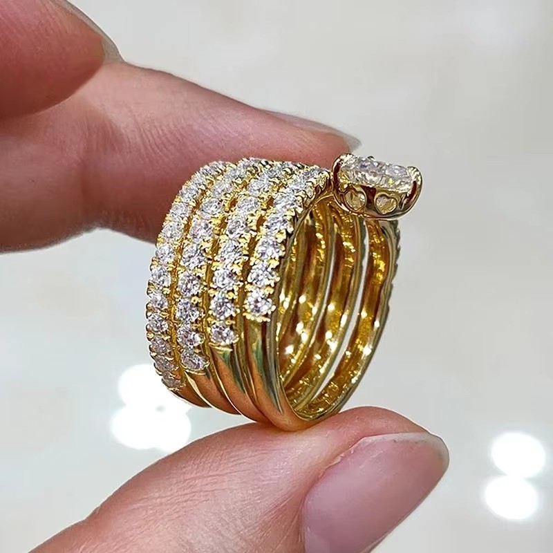 Huitan Luxury Gold Color Wide Ring Fashion Female Engagement Ceremony Party Accessories Gorgeous Bright Zirconia Finger Jewelry