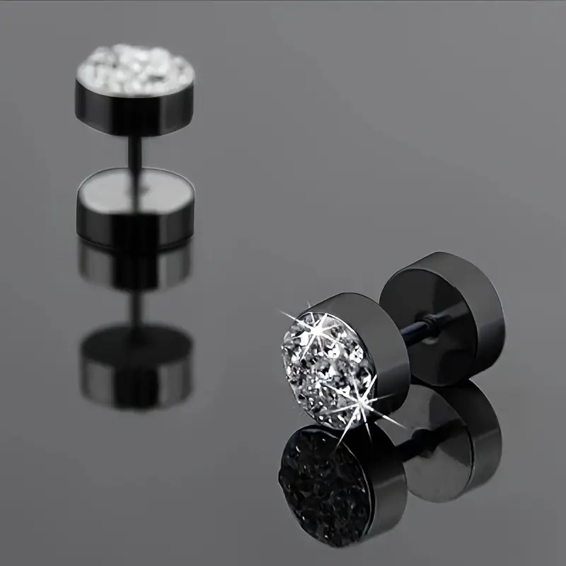 1 Pair Stylish Stainless Steel Round Stud Earrings Inlaid with Synthetic Zirconia Punk Barbell Crystal Ear Studs for Men Women